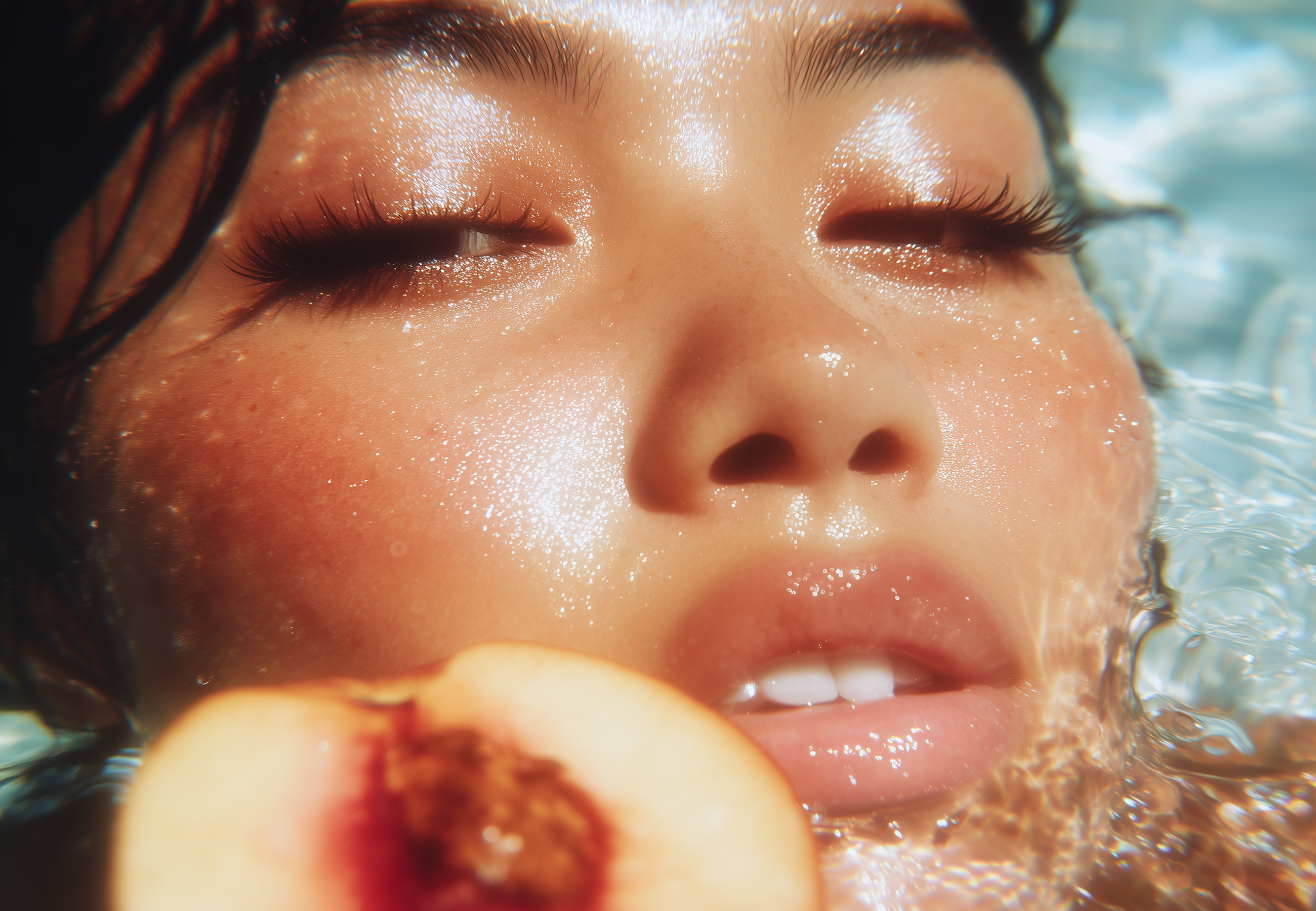 Close-up of a person with wet hair and a peach underwater