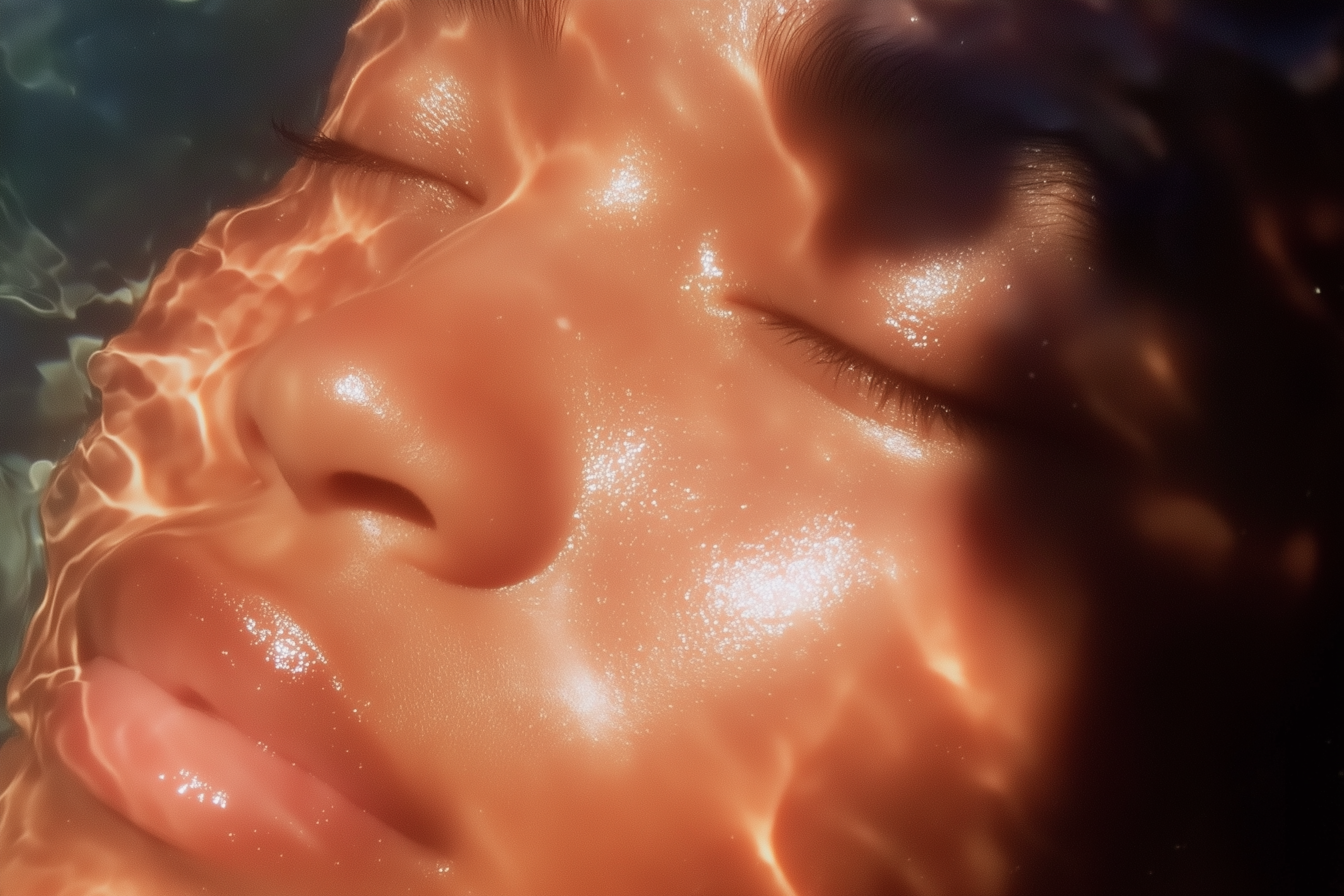 Close-up of a person's face with water droplets on their skin, bathed in warm light.